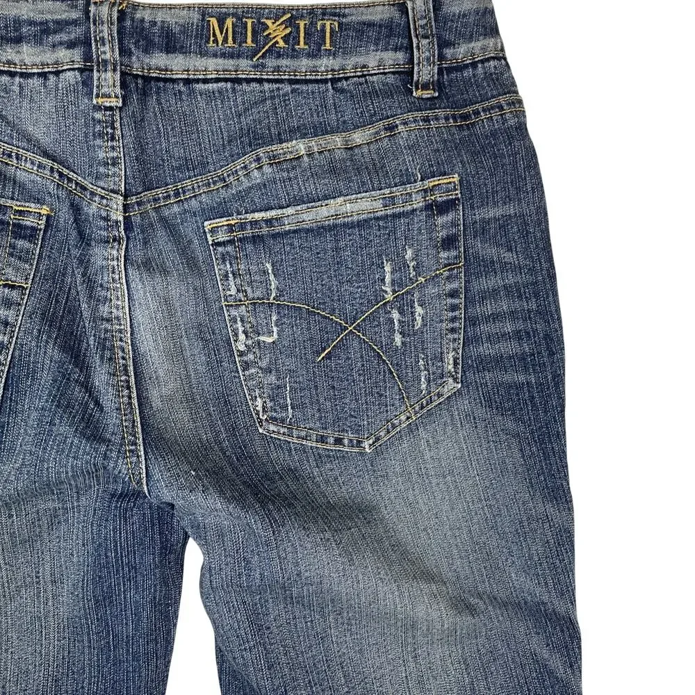 Mixit Women's Flare Jeans Blue Floral Embellished Stretch Mid Rise Size 8